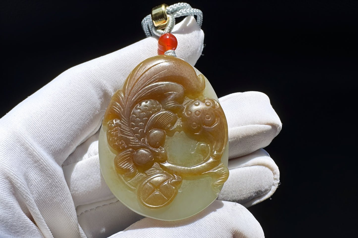 Natural Nephrite in Sugar Brown and Green Colors Hand Carved Koi Fish and Lotus Pendant, Carved Nephrite Jade Necklace, 天然糖青料玉手工雕刻鱼戏荷莲吊坠