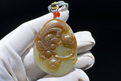 Natural Nephrite in Sugar Brown and Green Colors Hand Carved Koi Fish and Lotus Pendant, Carved Nephrite Jade Necklace, 天然糖青料玉手工雕刻鱼戏荷莲吊坠
