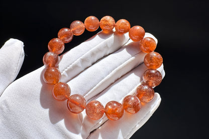 11mm Natural Sunstone Bracelet, Dark Orange Color Sunstone Beads, Shimmering Sunstone, 天然无优化美国俄勒冈州老矿焦糖色金太阳石水晶手串