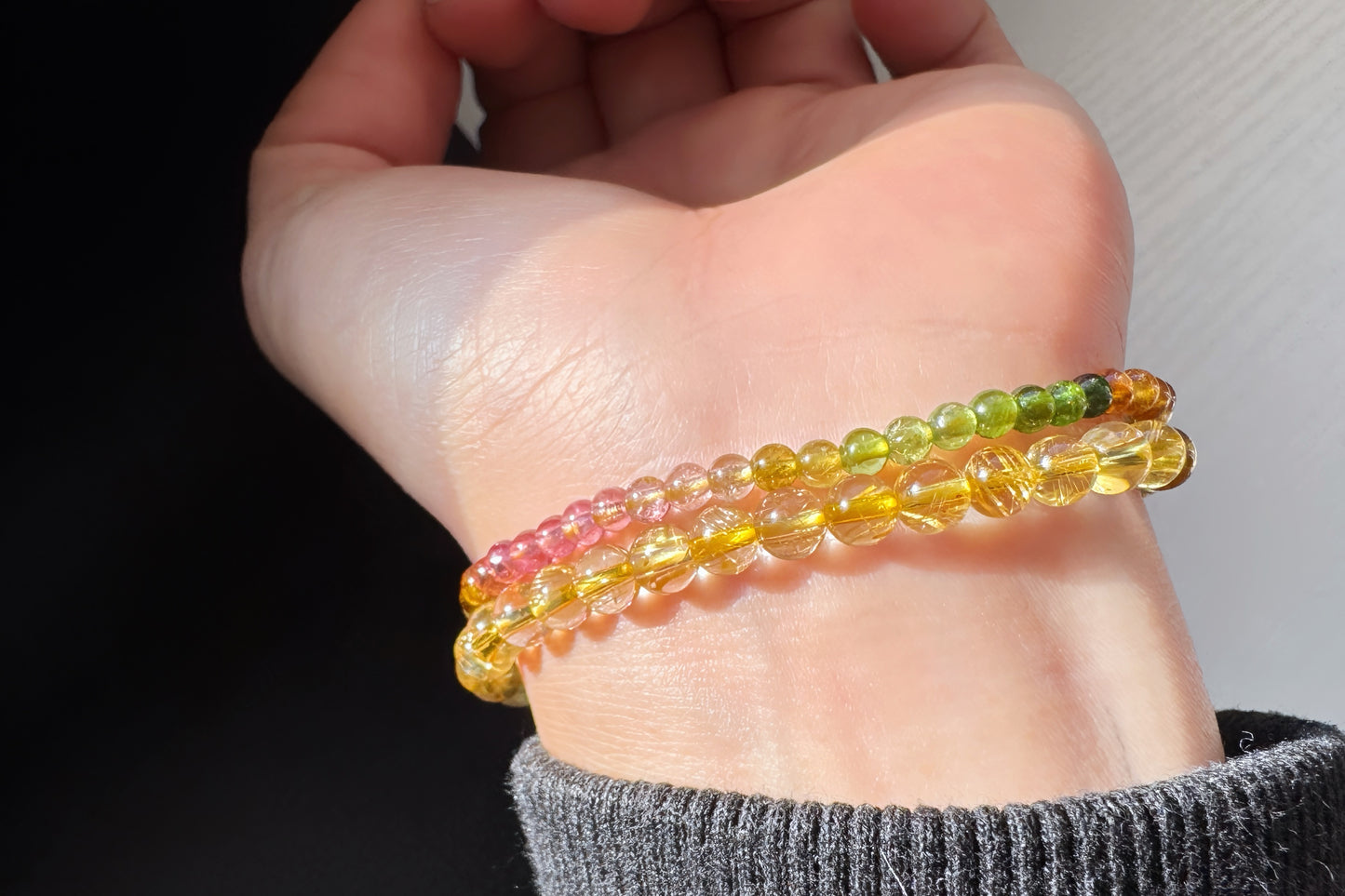 Natural Golden Rutile Quartz Beaded Bracelet with Rainbow Tourmaline, Tourmaline and Gold Rutilated Quartz Bracelet, 天然金发晶配天然碧玺双圈手串