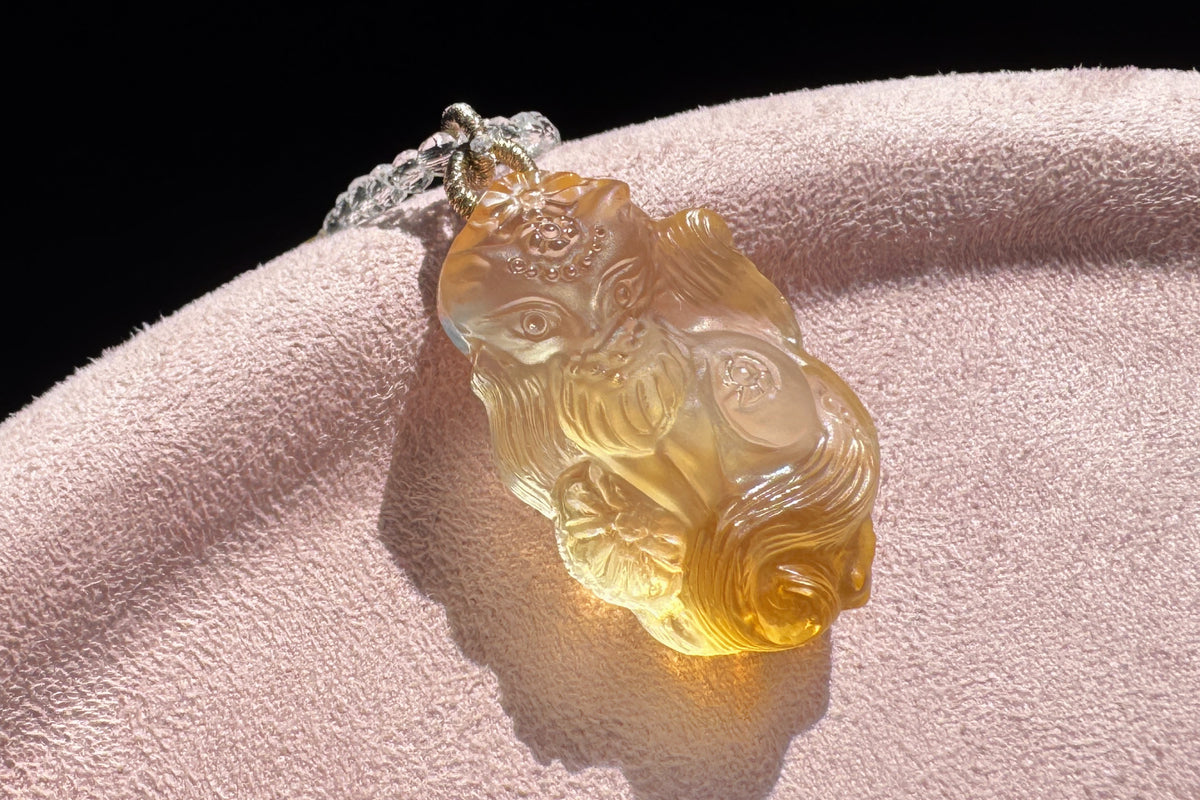 Natural Brazilian Citrine Hand Carved Nine Tailed Fox Pendant, Hand-Carved Golden Citrine Glow • Intricate Hand-Carved Artistry Necklace