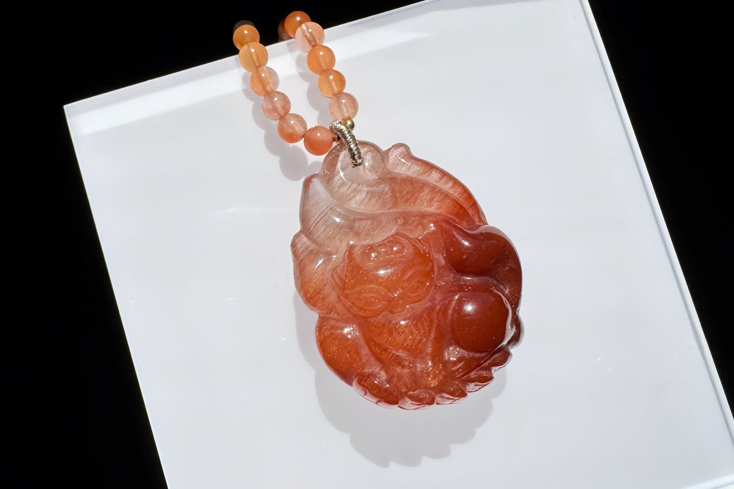 Top Grade Natural Red Rutilated Quartz Hand Carved Nine Tailed Fox Pendant, Carved Red Rutile Quartz, 天然原色正红发晶手工精雕九尾萌狐吊坠
