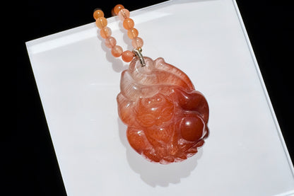 Top Grade Natural Red Rutilated Quartz Hand Carved Nine Tailed Fox Pendant, Carved Red Rutile Quartz, 天然原色正红发晶手工精雕九尾萌狐吊坠