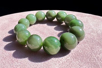 15mm Natural Chunky Green Nephrite Beaded Bracelet, Untreated Nephrite Jade Beads, 天然和田玉碧玉圆珠手串