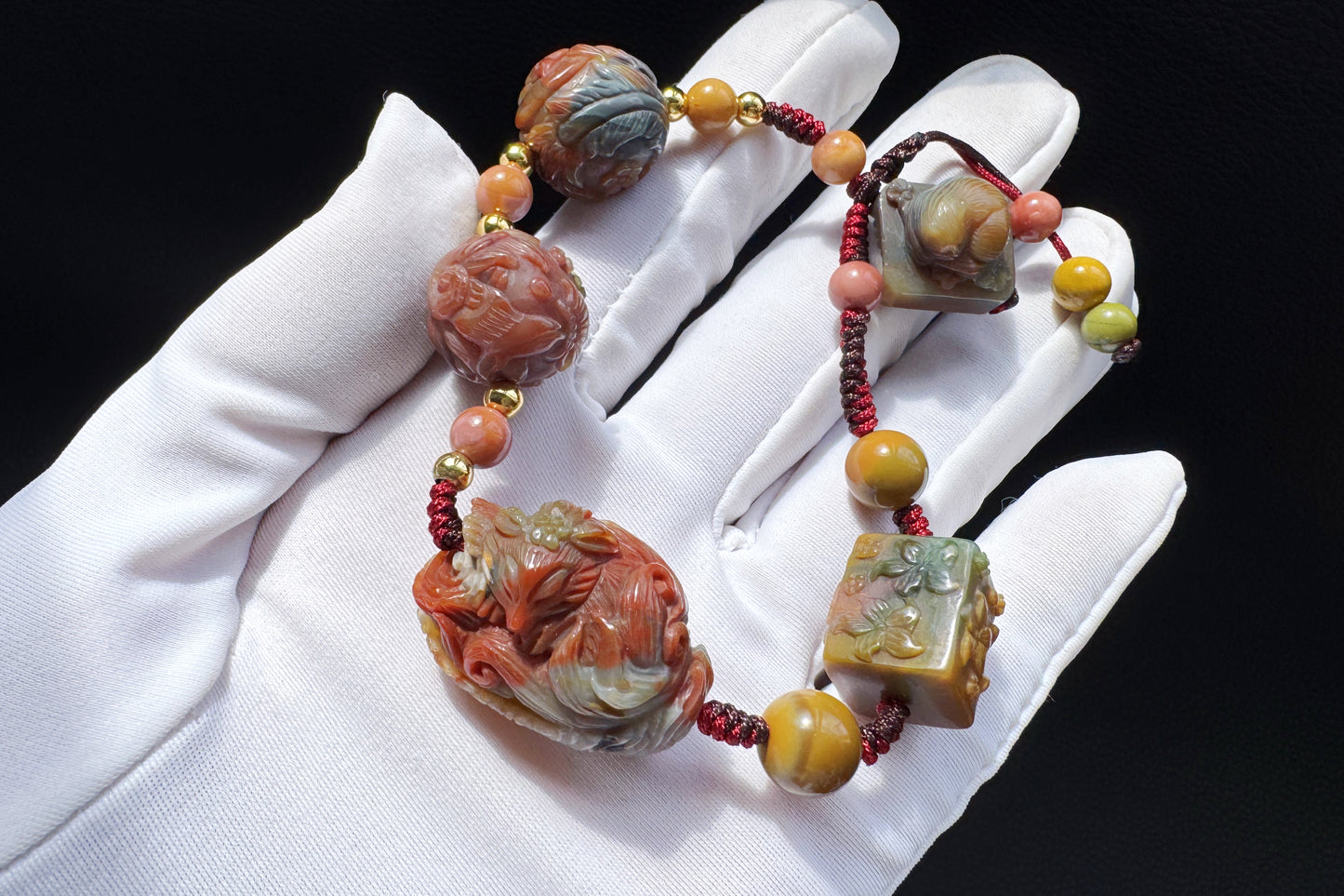Natural Multi-color Old Mine Alashan Agate Hand Carved Charms Braided Bracelet, Alasha Bracelet, Carved Agate, 天然原矿老料阿拉善手工精雕狐狸手编手链