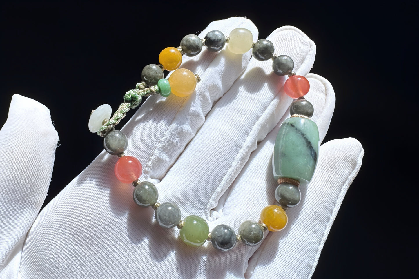 Natural Black and White Jadeite Jade Beads Bracelet, Hand Braided Black Jade Bracelet with Nanhong and Nephrite Beads, 保真天然缅甸A货翡翠飘绿乌鸡料手链