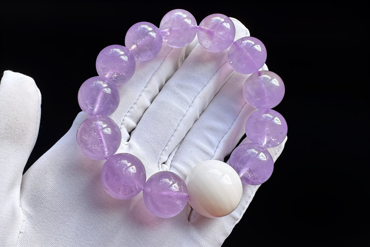 15mm Natural Lavender Amethyst Bracelet, Genuine Tridacna Bead Bracelet 20mm, Large Gemstone Statement Jewelry, Purple Crystal Bracelet