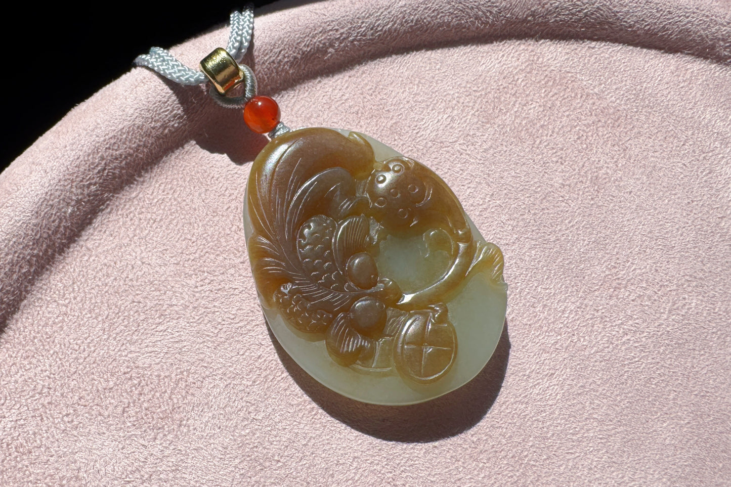 Natural Nephrite in Sugar Brown and Green Colors Hand Carved Koi Fish and Lotus Pendant, Carved Nephrite Jade Necklace, 天然糖青料玉手工雕刻鱼戏荷莲吊坠