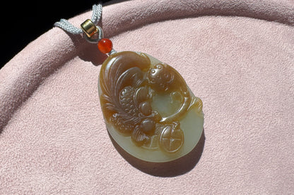 Natural Nephrite in Sugar Brown and Green Colors Hand Carved Koi Fish and Lotus Pendant, Carved Nephrite Jade Necklace, 天然糖青料玉手工雕刻鱼戏荷莲吊坠