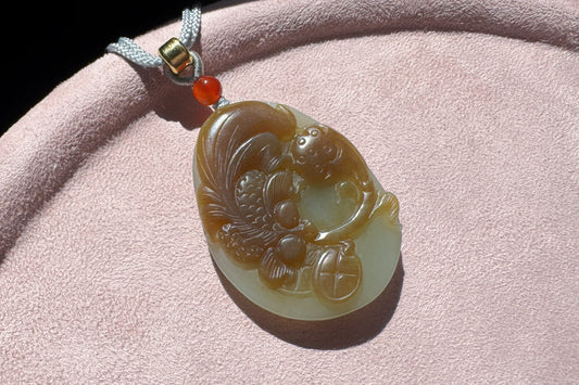 Natural Nephrite in Sugar Brown and Green Colors Hand Carved Koi Fish and Lotus Pendant, Carved Nephrite Jade Necklace, 天然糖青料玉手工雕刻鱼戏荷莲吊坠