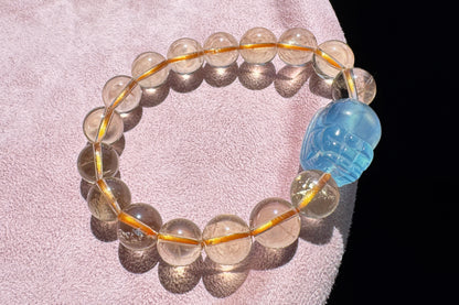 Certified Natrual Aquamarine and Lemon Citrine Bracelet, Lemon Quartz Bracelet, Aquamarine Pi-Xiu, Wealth Bracelet, 天然海蓝宝貔貅搭配柠檬黄水晶手串