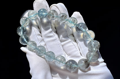 11mm Natural Aquamarine with Black Mica Inclusions Beaded Bracelet, Shiny Aquamarine Bracelet, March Birthstone, 海蓝宝带黑云母共生手串