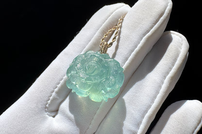 Certified Natural Green Aquamarine Carved Flower Pendant, Green Beryl with Mica inclusions, March Birthstone, 天然绿色海蓝宝雕刻花花吊坠