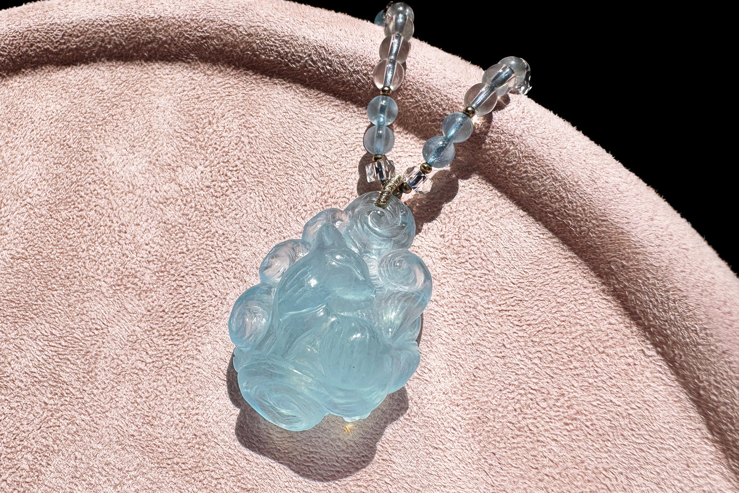 Natural High Grade Icy Aquamarine Nine Tailed Fox Pendant, Hand Carved Aquamarine, March Birthstone Fox Pendant, 天然精品海蓝宝手工精雕九尾狐吊坠