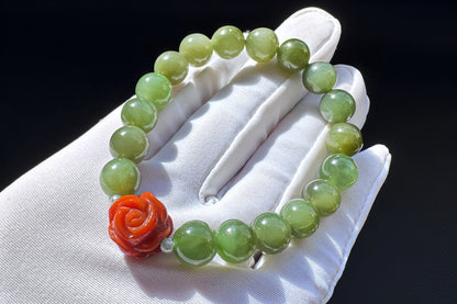 Natural Green Hetian Nephrite Bracelet with Top Grade Nanhong Agate Hand Carved Flower, Nephrite Jade Beads South Red Agate Flower, 天然和田玉手串配南红花花