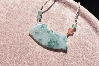 Genuine Grade A Jadeite Jade Necklace, Natural Carved Jade Flower and Butterfly, Handmade Jade Necklace, 天然缅甸A货翡翠锁骨吊坠老坑冰润飘蓝花蝶恋花仿古玉璜