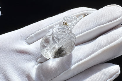 Natural Brookite Silver Rutilated Quartz Hand Carved Nine Tailed Fox Pendant, Silver Rutile Titanium Quartz Fox, 天然黑银钛晶手工精雕九尾狐吊坠