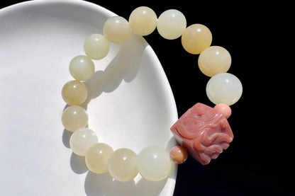 11mm Natural Hetian Nephrite Bracelet with Top Grade Alashan Hand Carved Nine Tailed Fox Cube, Nephrite Jade Bracelet, 天然蜂蜜水糖玉手串搭配玉化阿拉善手工精雕九尾狐方糖