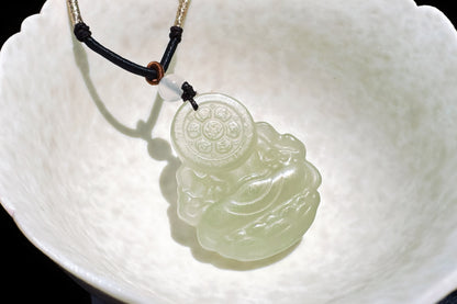 Certified Natural Icy Hetian Nephrite Mahakala Pendant, Carved Sunny Lake Green Nephrite Jade Pendant, 天然冰底晴水料和田玉大黑天吊坠