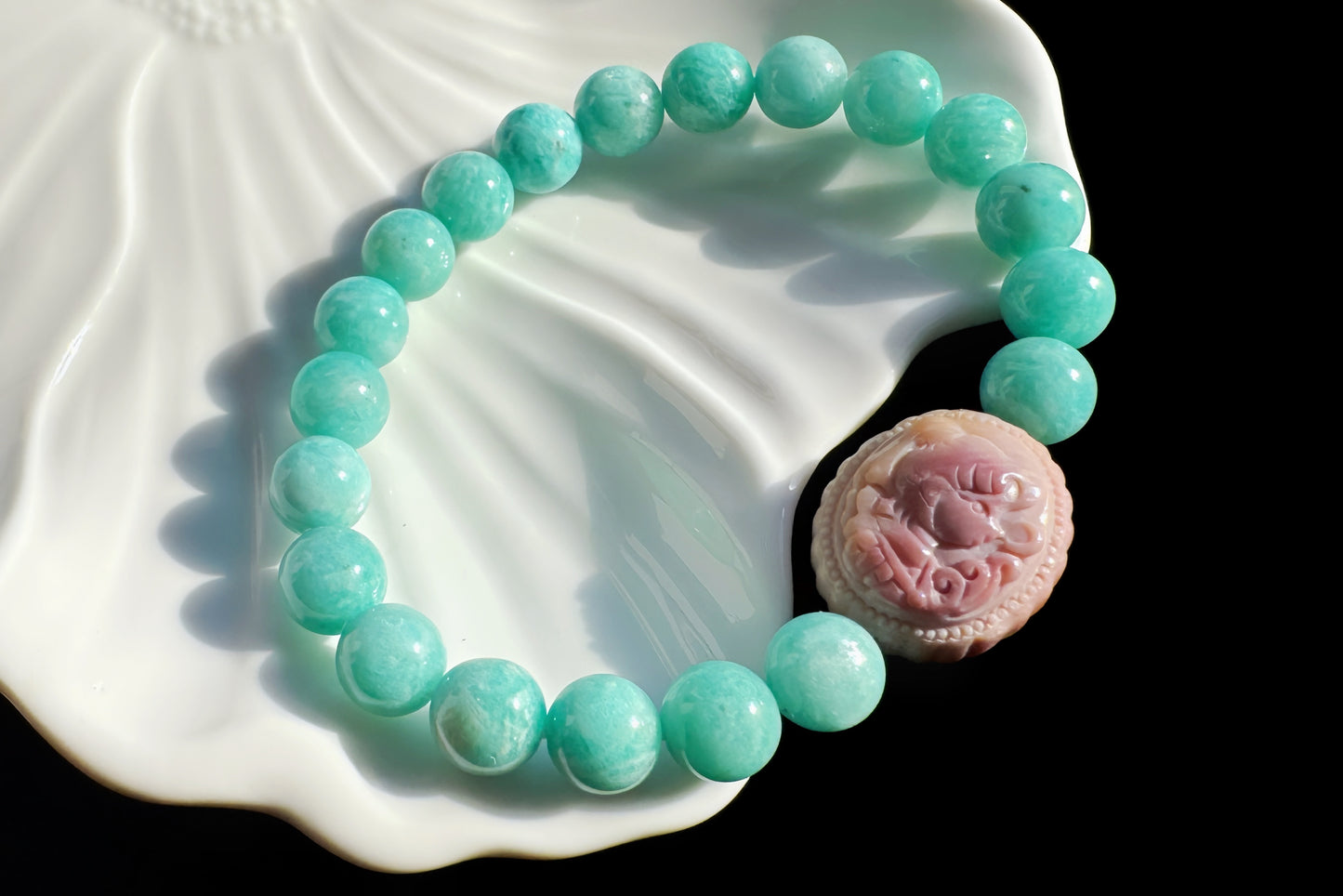 Natural Un-treated Amazonite Beaded Bracelet with Pink and yellow Alashan Sailor Moon, Amazonite Bracelet, 天然天河石手串搭配奶黄粉阿拉善水手月亮