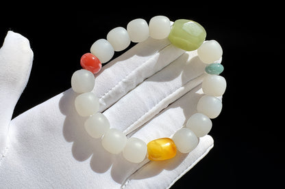 Natural Smokey Gray Hetian Nephrite Bracelet with Faceted Green Nephrite, Nanhong Agate, Blue Jadeite Jade, Nephrite Jade, 天然浅烟灰老型珠+晴水钻切+蓝翡+奶盖南红