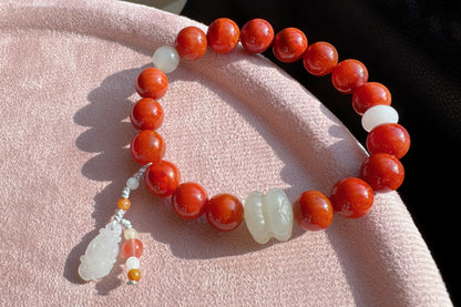 Natural High Grade Nanhong Agate Beaded Bracelet, Bracelet made with Nanhong, Nephrite, jadeite jade, 天然南红玛瑙瓦西锦红圆珠手串搭配和田玉并蒂莲A货翡翠如意