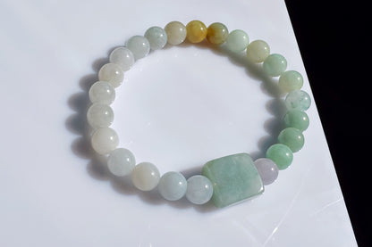 Natural Grade A Jadeite Jade Multi-Colors Bracelet, Jadeite Jade Beaded Bracelet, 天然A货翡翠多彩玉珠手串搭配翡翠无事牌