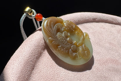 Natural Nephrite in Sugar Brown and Green Colors Hand Carved Koi Fish and Lotus Pendant, Carved Nephrite Jade Necklace, 天然糖青料玉手工雕刻鱼戏荷莲吊坠