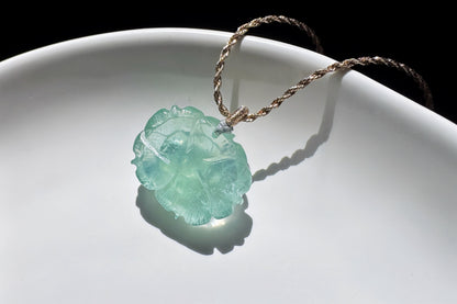 Certified Natural Green Aquamarine Carved Flower Pendant, Green Beryl with Mica inclusions, March Birthstone, 天然绿色海蓝宝雕刻花花吊坠