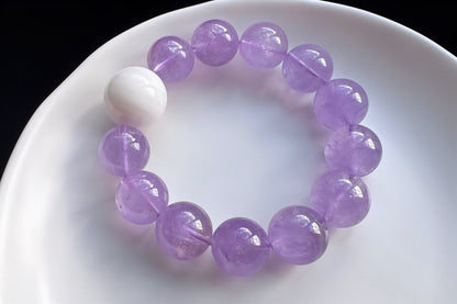 15mm Natural Lavender Amethyst Bracelet, Genuine Tridacna Bead Bracelet 20mm, Large Gemstone Statement Jewelry, Purple Crystal Bracelet