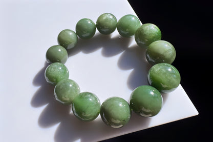 15mm Natural Chunky Green Nephrite Beaded Bracelet, Untreated Nephrite Jade Beads, 天然和田玉碧玉圆珠手串