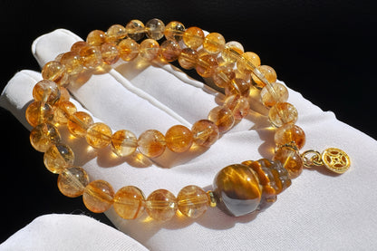 Natural Citrine Bracelet with Tiger’s Eye PiXiu Charm, Untreated Citrine Beads, 天然黄水晶双圈手串配虎眼貔貅