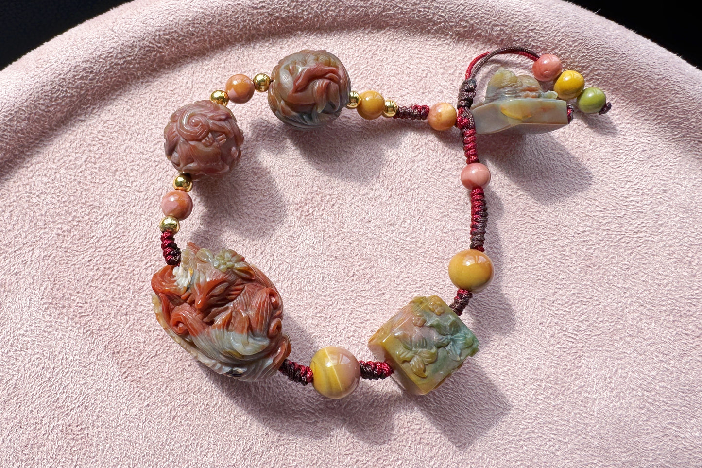 Natural Multi-color Old Mine Alashan Agate Hand Carved Charms Braided Bracelet, Alasha Bracelet, Carved Agate, 天然原矿老料阿拉善手工精雕狐狸手编手链