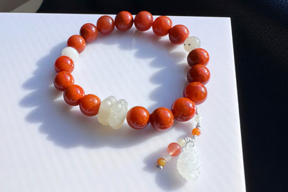 Natural High Grade Nanhong Agate Beaded Bracelet, Bracelet made with Nanhong, Nephrite, jadeite jade, 天然南红玛瑙瓦西锦红圆珠手串搭配和田玉并蒂莲A货翡翠如意