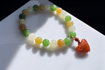 Natural High Grade Hetian Nephrite Beaded Bracelet, Multi-colored Nephrite Jade Bracelet, Nanhong Charm, 天然冰润高色阶和田玉多宝手串