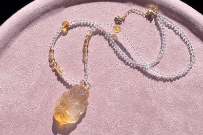 Natural Brazilian Citrine Hand Carved Nine Tailed Fox Pendant, Hand-Carved Golden Citrine Glow • Intricate Hand-Carved Artistry Necklace
