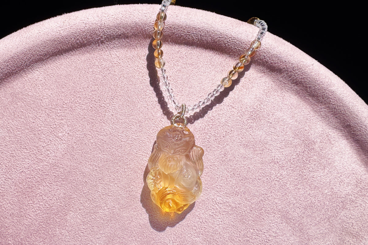 Natural Brazilian Citrine Hand Carved Nine Tailed Fox Pendant, Hand-Carved Golden Citrine Glow • Intricate Hand-Carved Artistry Necklace