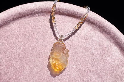 Natural Brazilian Citrine Hand Carved Nine Tailed Fox Pendant, Hand-Carved Golden Citrine Glow • Intricate Hand-Carved Artistry Necklace
