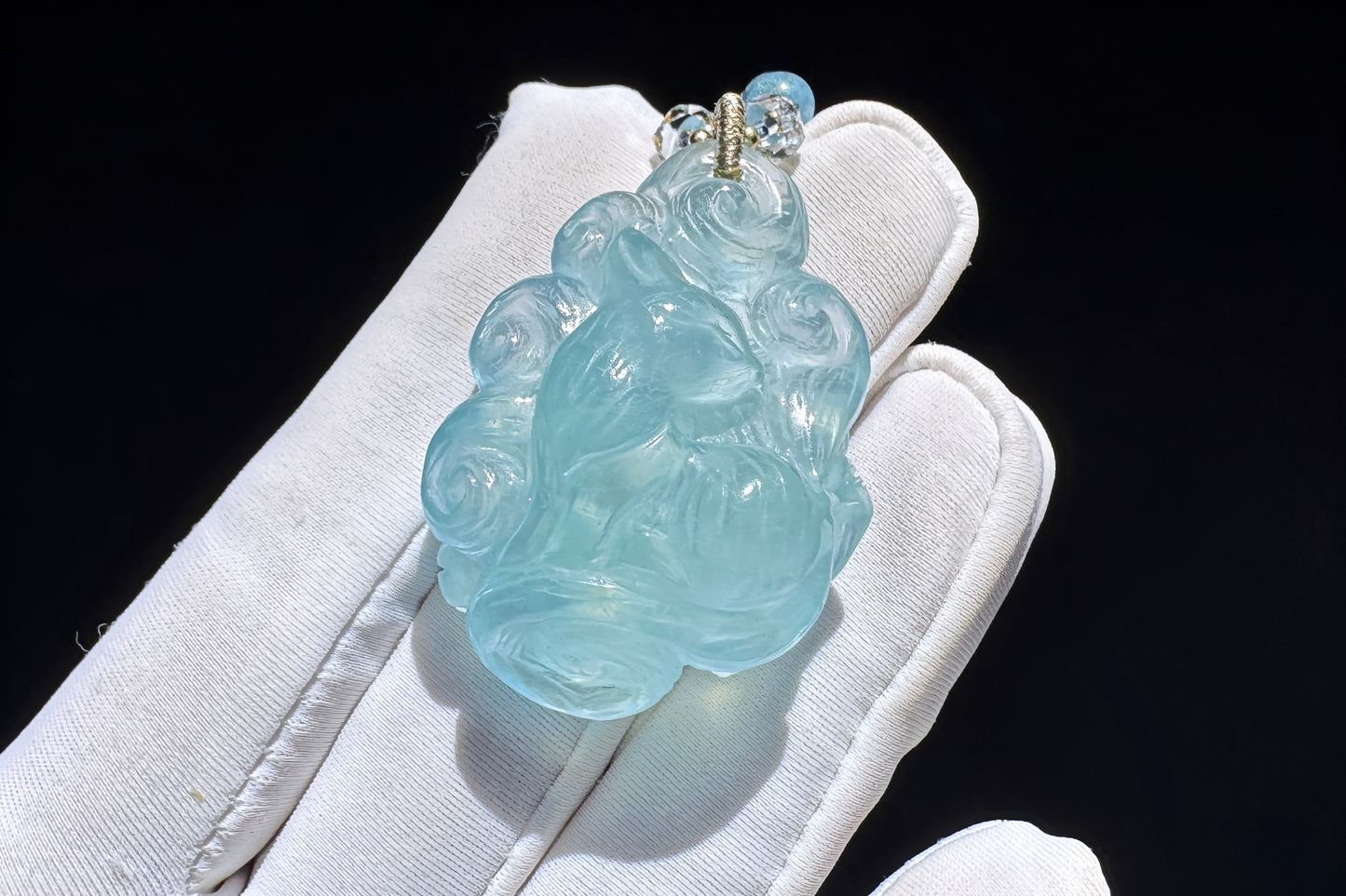 Natural High Grade Icy Aquamarine Nine Tailed Fox Pendant, Hand Carved Aquamarine, March Birthstone Fox Pendant, 天然精品海蓝宝手工精雕九尾狐吊坠