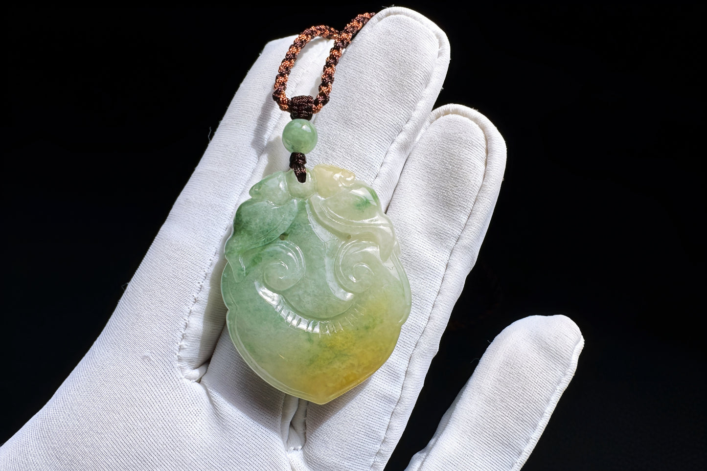 Certified Grade A Jadeite Jade Hand Carved Ruyi Pendant, Natural Carved Jade Pendant Necklace, 天然缅甸A货老坑冰润飘花黄绿双彩如意翡翠吊坠