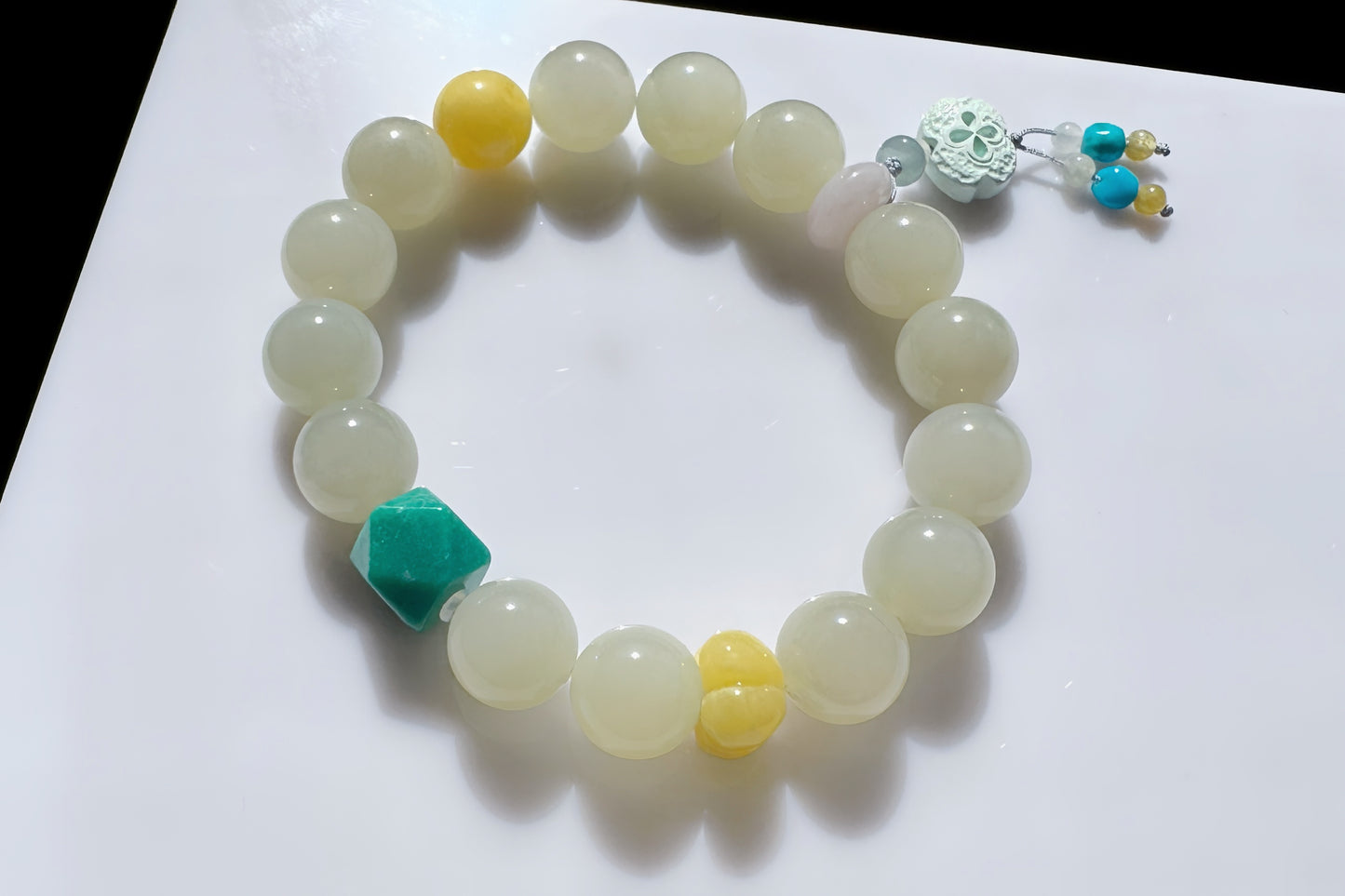 Natural Nephrite Bracelet with Faceted Turquoise, High Grade Nephrite Jade Bracet, Designer Jade Bracelet, 天然奶油晴白和田玉配松石蜜蜡