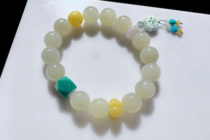 Natural Nephrite Bracelet with Faceted Turquoise, High Grade Nephrite Jade Bracet, Designer Jade Bracelet, 天然奶油晴白和田玉配松石蜜蜡
