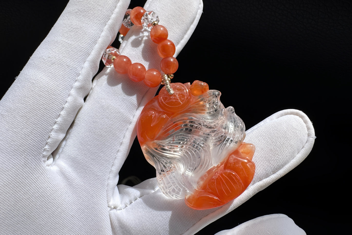 Hand Carved Natural Red Rabbit Hair Quartz Nine Tailed Fox Pendant, High Grade Red Rabbit Hair Necklace, Unique Crystal Fox, 手工精雕精品红兔毛九尾狐吊坠