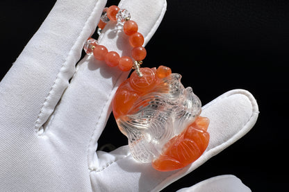 Hand Carved Natural Red Rabbit Hair Quartz Nine Tailed Fox Pendant, High Grade Red Rabbit Hair Necklace, Unique Crystal Fox, 手工精雕精品红兔毛九尾狐吊坠
