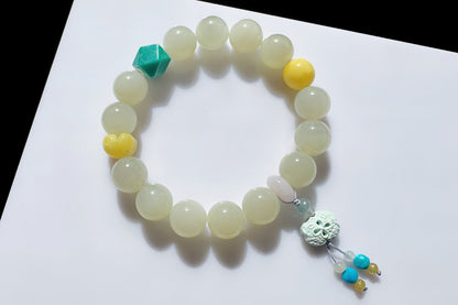 Natural Nephrite Bracelet with Faceted Turquoise, High Grade Nephrite Jade Bracet, Designer Jade Bracelet, 天然奶油晴白和田玉配松石蜜蜡