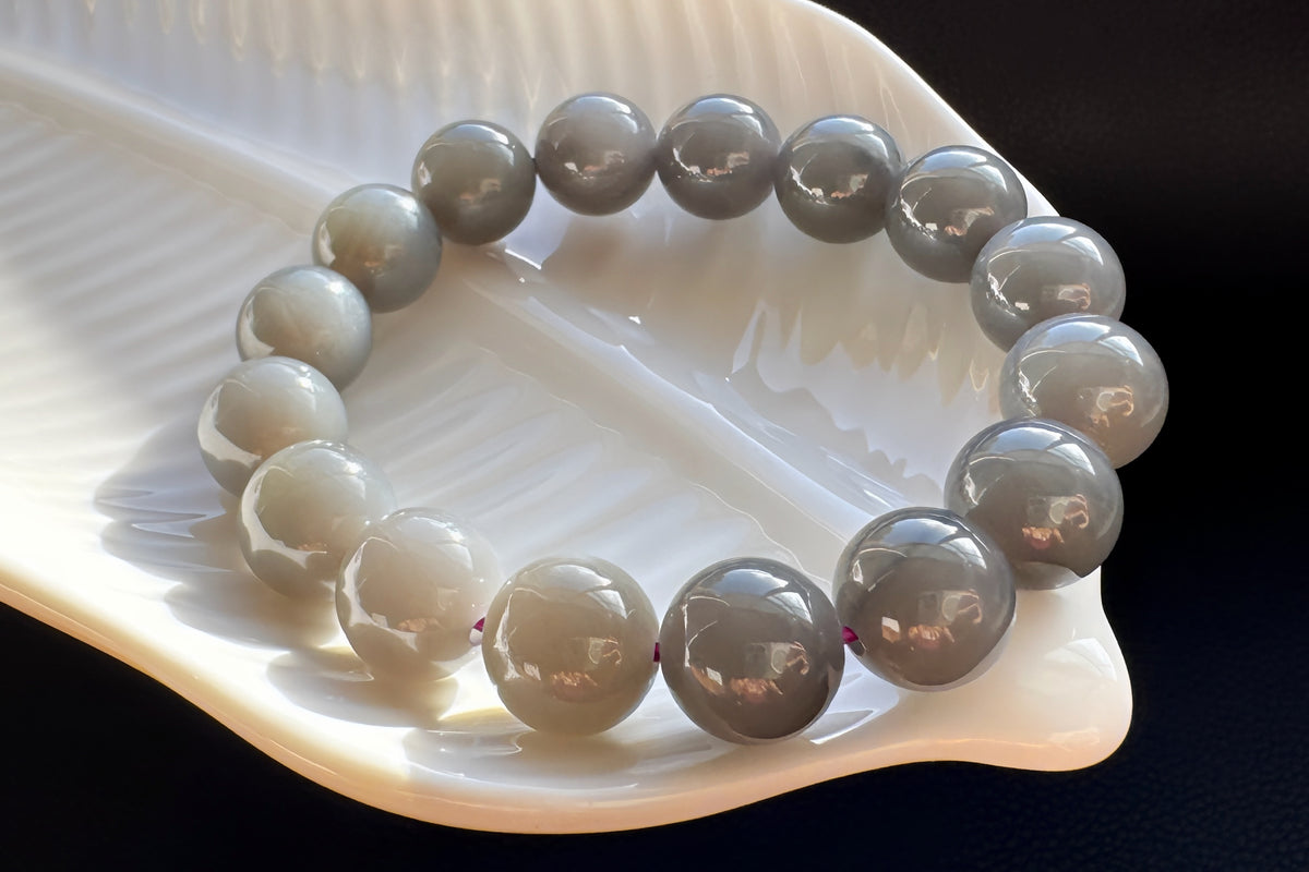 Certified Natural Smokey Gray Nephrite Jade Bracelet, Genuine Gray Nephrite Jade Bracelet, 天然青海料烟灰色软玉圆珠手串带证书