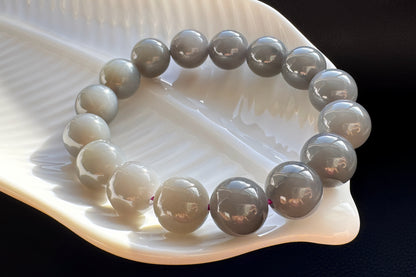 Certified Natural Smokey Gray Nephrite Jade Bracelet, Genuine Gray Nephrite Jade Bracelet, 天然青海料烟灰色软玉圆珠手串带证书