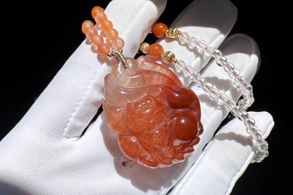 Top Grade Natural Red Rutilated Quartz Hand Carved Nine Tailed Fox Pendant, Carved Red Rutile Quartz, 天然原色正红发晶手工精雕九尾萌狐吊坠