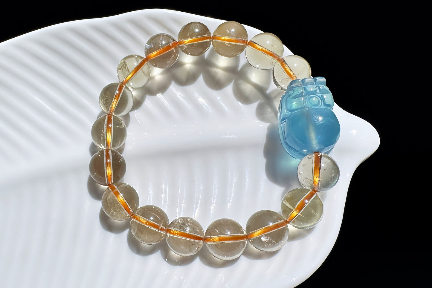 Certified Natrual Aquamarine and Lemon Citrine Bracelet, Lemon Quartz Bracelet, Aquamarine Pi-Xiu, Wealth Bracelet, 天然海蓝宝貔貅搭配柠檬黄水晶手串