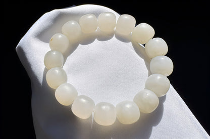 13mm Natural White Hetian Nephrite Bracelet, White Nephrite Jade Beads, Matte Nephrite Bracelet, 天然和田玉青海料一级白老型珠手串